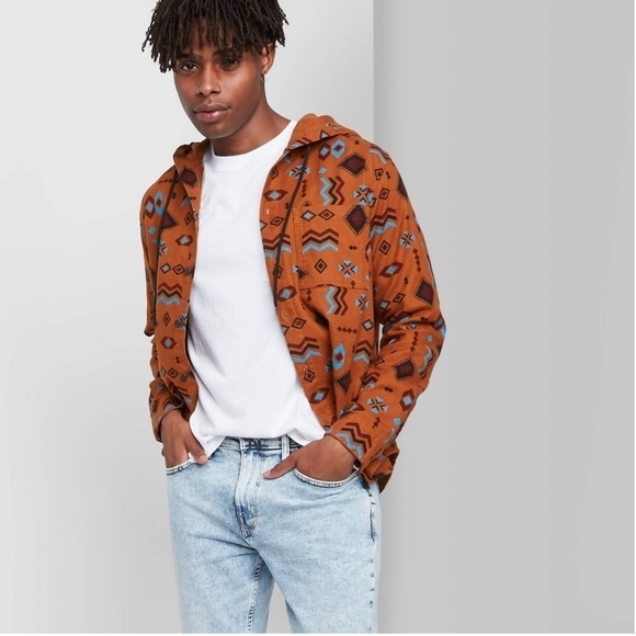 ORIGINAL USE Mens Tribal Print Long Sleeve Button Down Hoodie - Picture 1 of 9